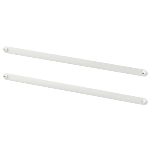 Two white metal rods with rounded ends lie parallel. Used for organising. Made of epoxy/polyester powder coated steel.