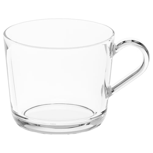 IKEA 365+ clear glass mug, round with a curved handle, made of tempered glass.