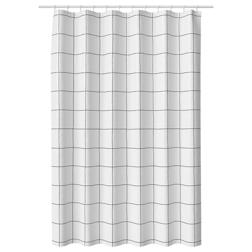 White JÄMTSTARR shower curtain, grid lines, recycled polyester, water-repellent.