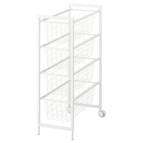 White JONAXEL mobile storage rack with 5 baskets, ideal for kitchen/bathroom organisation.