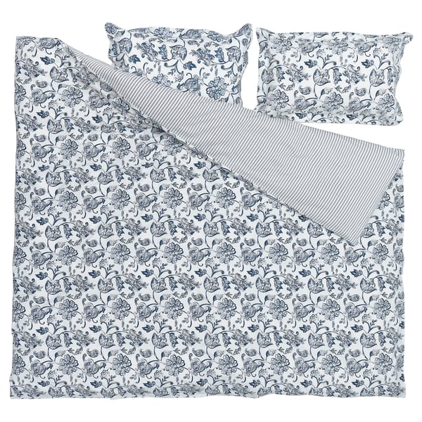 JUNIMAGNOLIA duvet cover and 2 pillowcases, white/dark blue, 240x220/50x80 cm IKEA