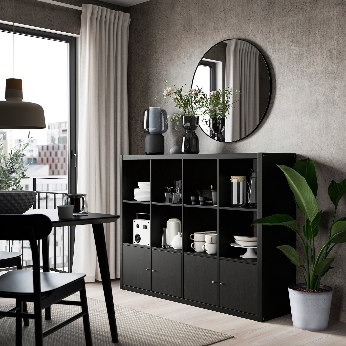 KALLAX shelving unit with 4 inserts, black-brown, 147x112 cm - IKEA