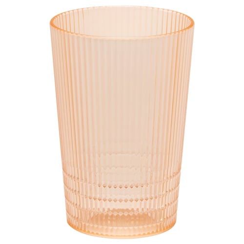 Orange plastic cup, ribbed, durable, reusable.