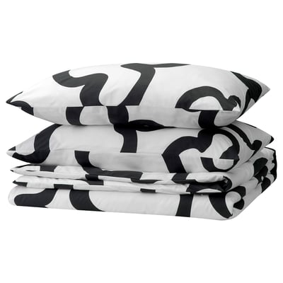 KLIPPBRÄCKA Duvet cover and 2 pillowcases, white/black, 240x220/50x80 cm