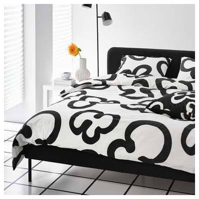 KLIPPBRÄCKA Duvet cover and 2 pillowcases, white/black, 240x220/50x80 cm