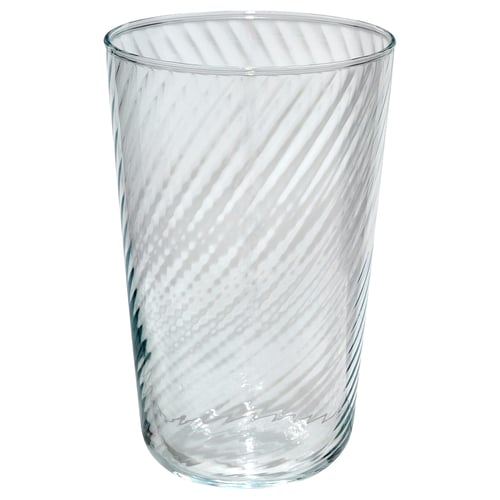 KLIPPLAX glass: clear, tall, thin, with rippled texture. Ideal for beverages.