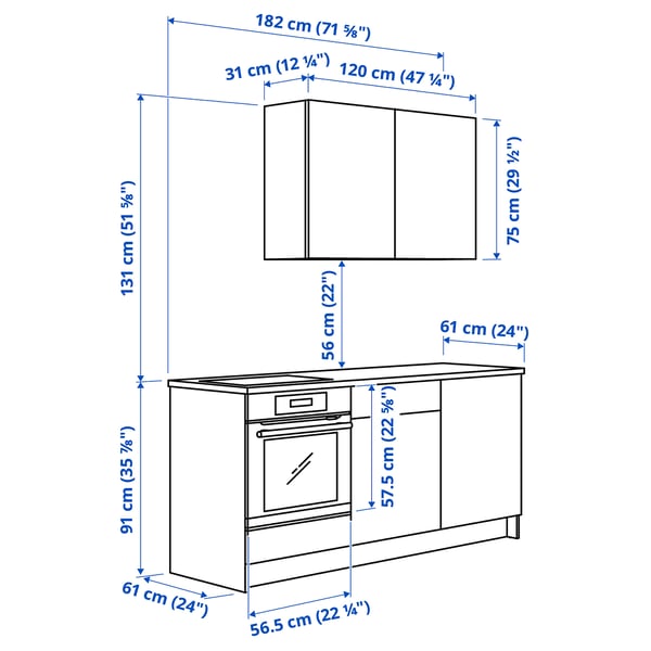 KNOXHULT Kitchen, white, 180x61x220 cm
