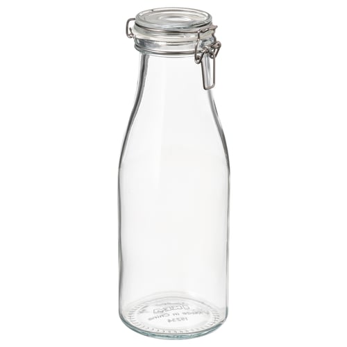 An empty, clear glass jar with a metal clamp lid. It’s part of the KORKEN series, known for its airtight seal.