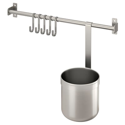 KUNGSFORS Rail with 5 hooks and 1 container, stainless steel, 40 cm