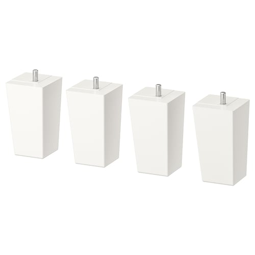 Four white square furniture legs with metal adjusters, evenly spaced, plain design.