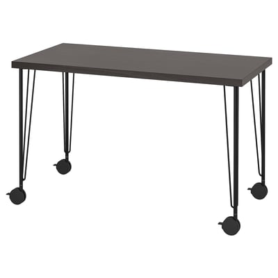 LAGKAPTEN: modern desk, black, rectangular top, hairpin legs, adjustable castors.