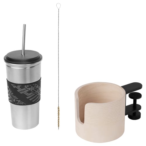 Stainless steel drink tumbler with silicone sleeve, wooden cup holder, and cleaning brush. Modern, functional design for easy cleaning and use.