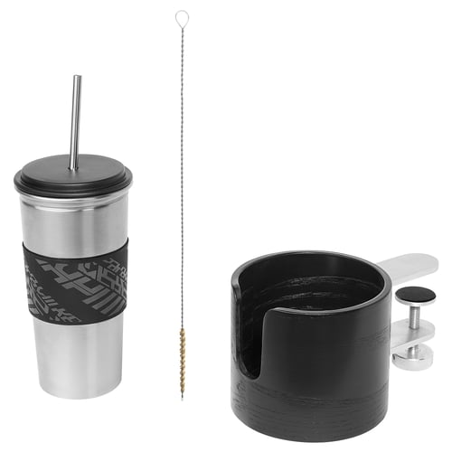 The LÅNESPELARE set: a stainless steel mug with a black sleeve and lid, a black mug holder with a metal clamp, and a cleaning brush.