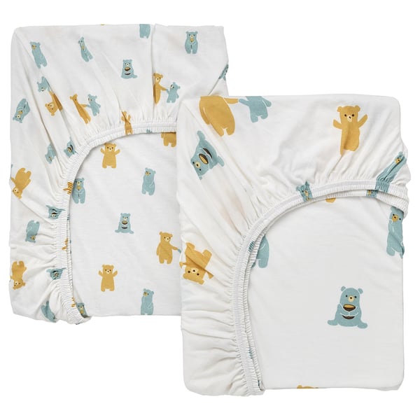 LEN Fitted sheet for cot, white bear pattern, 60x120 cm