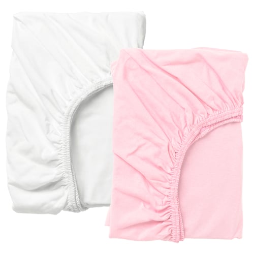 White and pink fitted sheets. They feature elastic edges for secure fit. Made of 100% cotton, they have a soft, natural look and feel.