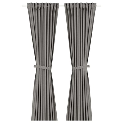 LENDA Curtains with tie-backs, 1 pair, dark grey/with heading tape, 140x300 cm