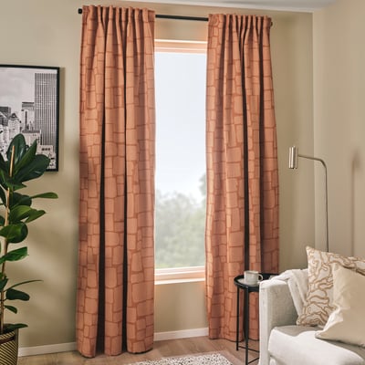 LÖNNSTÄVMAL Block-out curtains, 1 pair, light red-brown/with heading tape, 145x300 cm