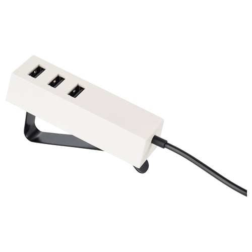 A white LÖRBY usb charger. It has three ports and a sleek design with a black cable.