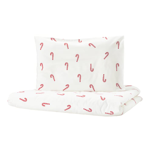 Candy cane-themed white kids bedding set with pillow. Soft, festive, 100% cotton.