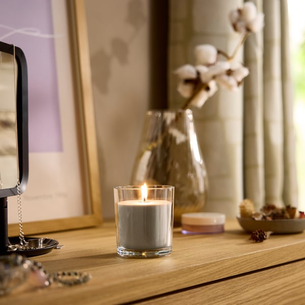 LOTSFÅGEL Scented candle in glass, Sandalwood & patchouli brown, 40 hr