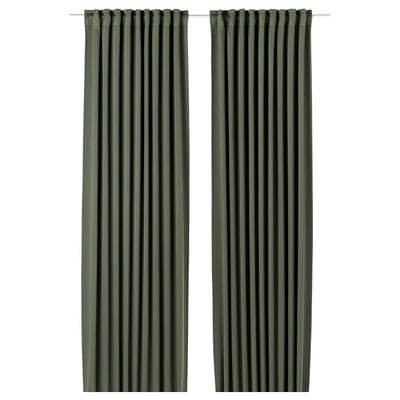 MAJGULL Block-out curtains, 1 pair, dark green/with heading tape, 145x300 cm