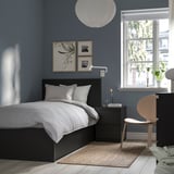 MALM Bed frame, high, w 2 storage boxes, black-brown/Leirsund, 90x200 cm