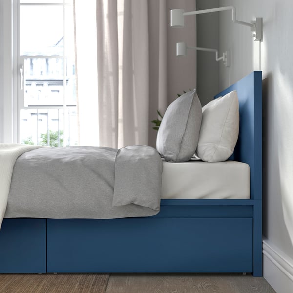 MALM Bed frame, high, w 4 storage boxes, blue, 180x200 cm