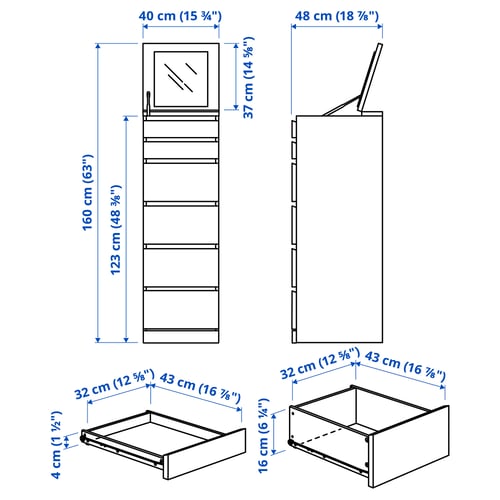 Illustration with measurements for the product: MALM.