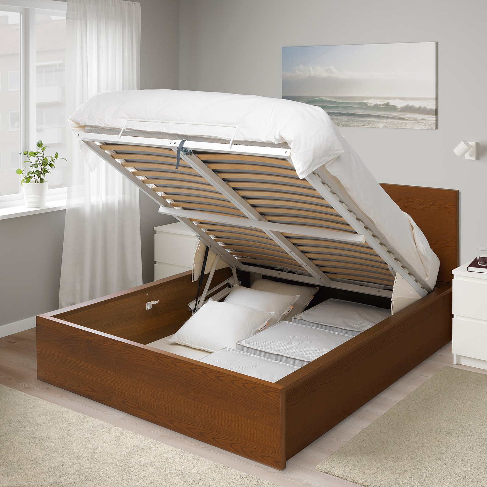 MALM Ottoman bed, brown stained/ash veneer, 160x200 cm IKEA