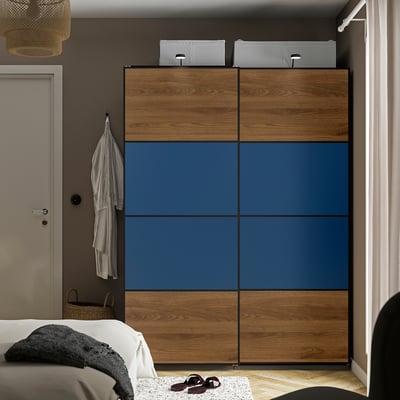 MEHAMN 4 panels for sliding door frame, walnut effect/blue, 75x201 cm