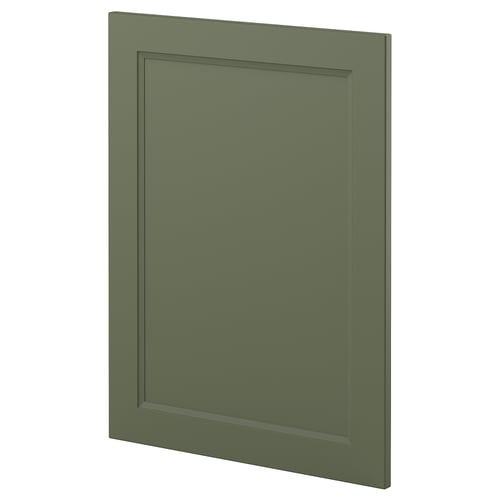 Green METOD kitchen cabinet door, rectangular, flat panel, recycled plastic front, dark green.