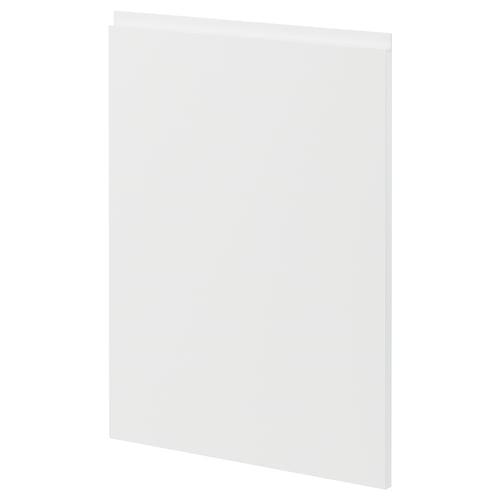 Modern white cabinet door, sleek and minimalist, part of METOD kitchen system, rectangular shape with plastic edges.