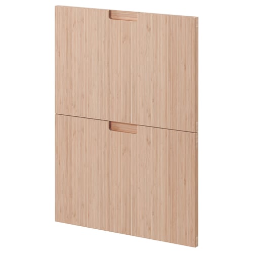 Light wooden cabinet with two drawers and minimalist handles.