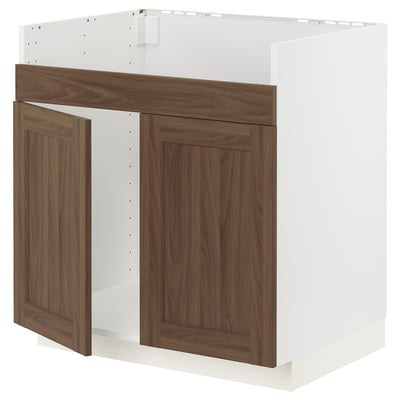 METOD Base cab f HAVSEN double bowl sink, white Enköping/brown walnut effect, 80x60 cm