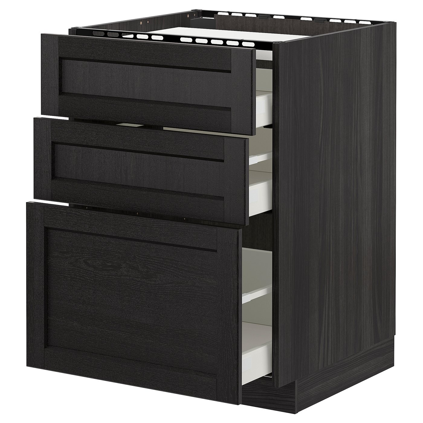 IKEA METOD Base cabinet for hob with 3 fronts and 3 drawers 60x60 cm LERHYTTAN black stained