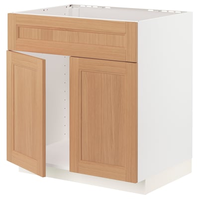 METOD Base cabinet f sink w 2 doors/front, white/Vedhamn oak, 80x60 cm