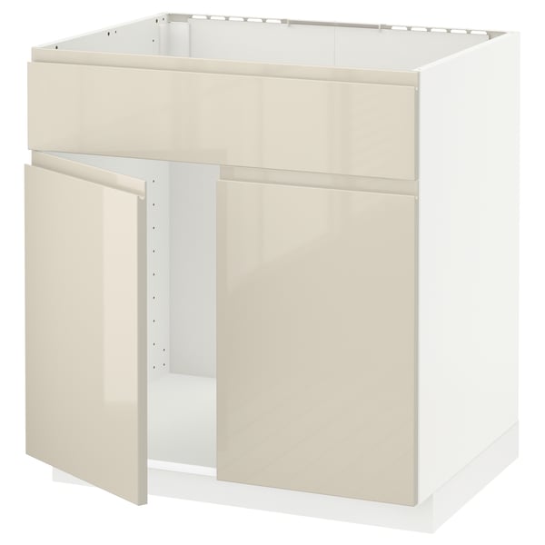 METOD Base cabinet f sink w 2 doors/front, white/Voxtorp high-gloss light beige, 80x60 cm
