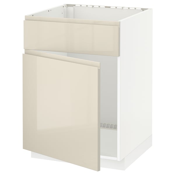 METOD Base cabinet f sink w door/front, white/Voxtorp high-gloss light beige, 60x60 cm