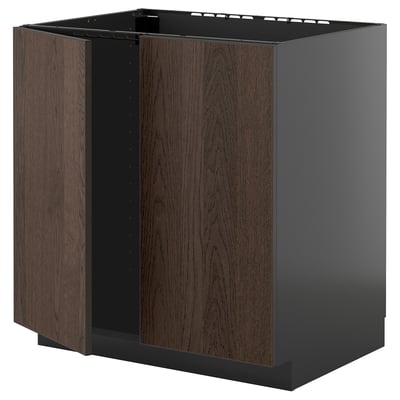METOD Base cabinet for sink + 2 doors, black-grey/Sinarp brown, 80x60 cm