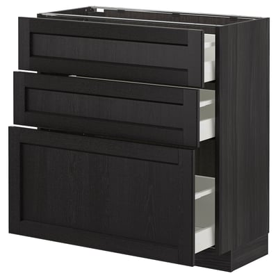 METOD Base cabinet with 3 drawers, black/Lerhyttan black stained, 80x37 cm