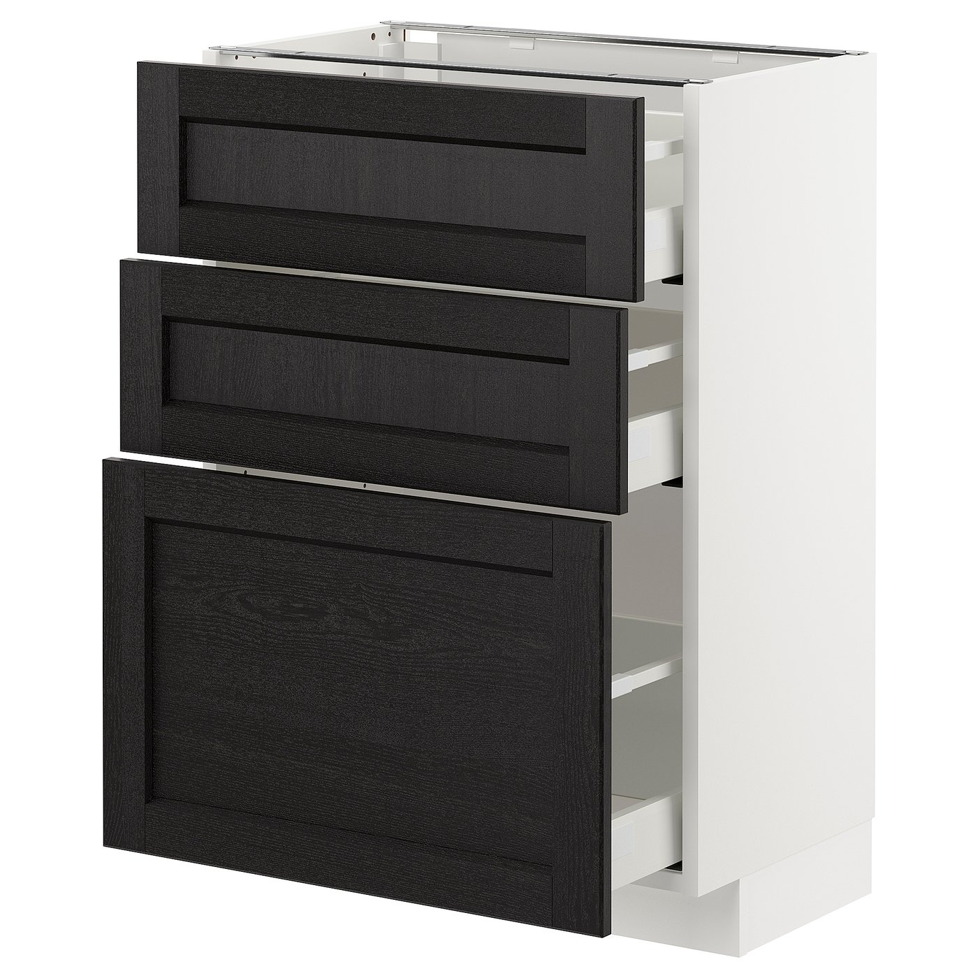 IKEA METOD Base cabinet with 3 drawers 60x37 cm MAXIMERA white/LERHYTTAN black stained