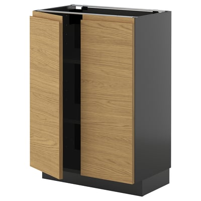 METOD Base cabinet with shelves/2 doors, black-grey/Voxtorp oak effect, 60x37 cm
