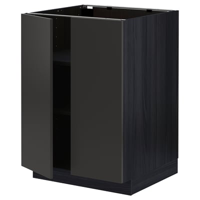 METOD Base cabinet with shelves/2 doors, black/Nickebo matt anthracite, 60x60 cm