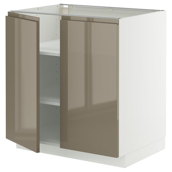 METOD Base cabinet with shelves/2 doors, white/Voxtorp high-gloss dark grey-brown, 80x60 cm
