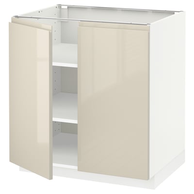 METOD Base cabinet with shelves/2 doors, white/Voxtorp high-gloss light beige, 80x60 cm