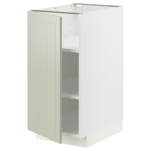 A white METOD kitchen cabinet with a green stensund door, rectangular with a flat surface and panel design.
