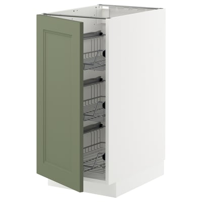 Modern green kitchen cabinet with pull-out racks.