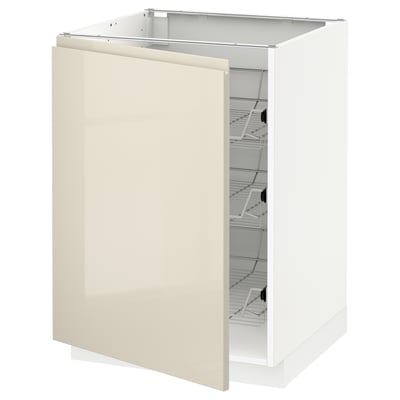 METOD Base cabinet with wire baskets, white/Voxtorp high-gloss light beige, 60x60 cm