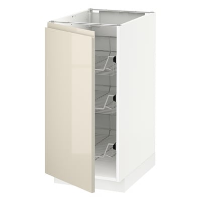 METOD Base cabinet with wire baskets, white/Voxtorp high-gloss light beige, 40x60 cm