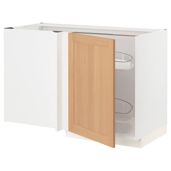 METOD Corner base cab w pull-out fitting, white/Vedhamn oak, 128x68 cm